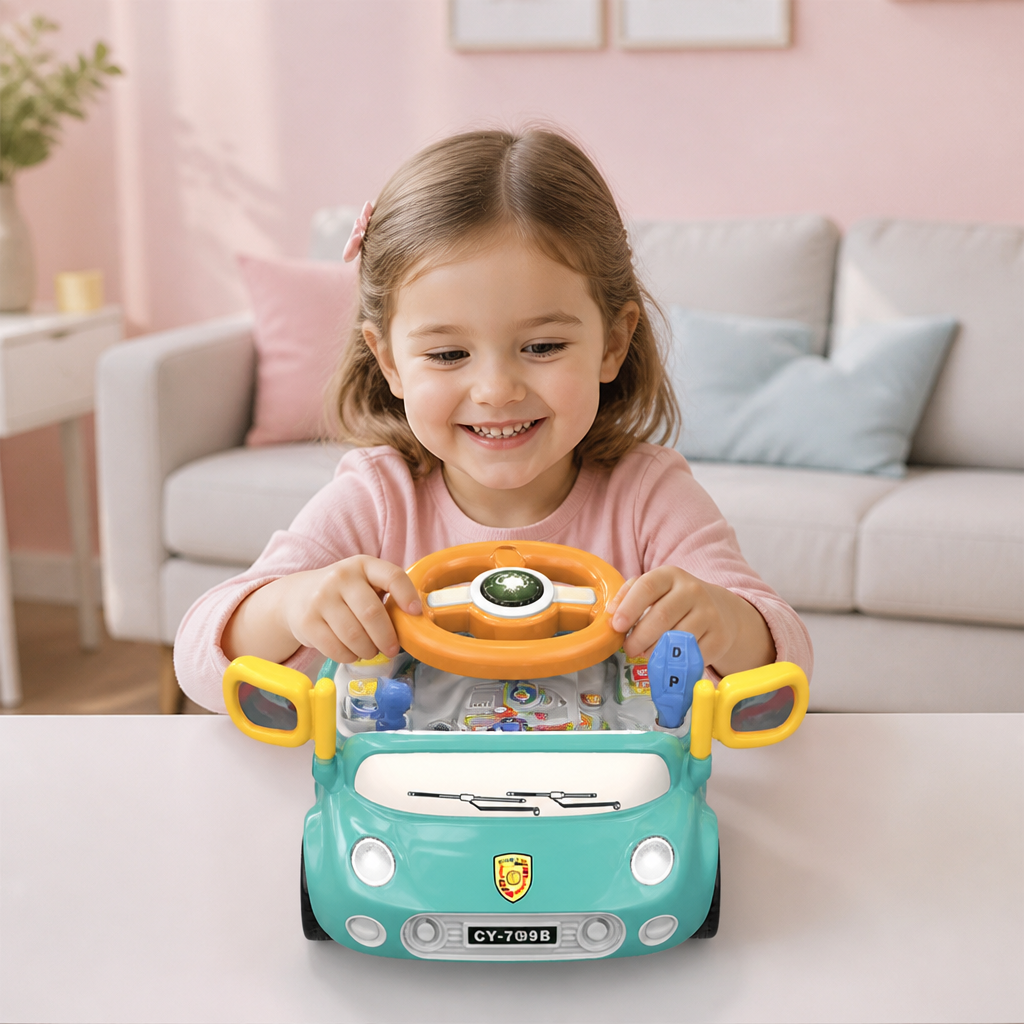 Detailansicht des interaktiven Kinder-Fahrsimulators mit farbigem Lenkrad und Bedienelementen für Rollenspiele.