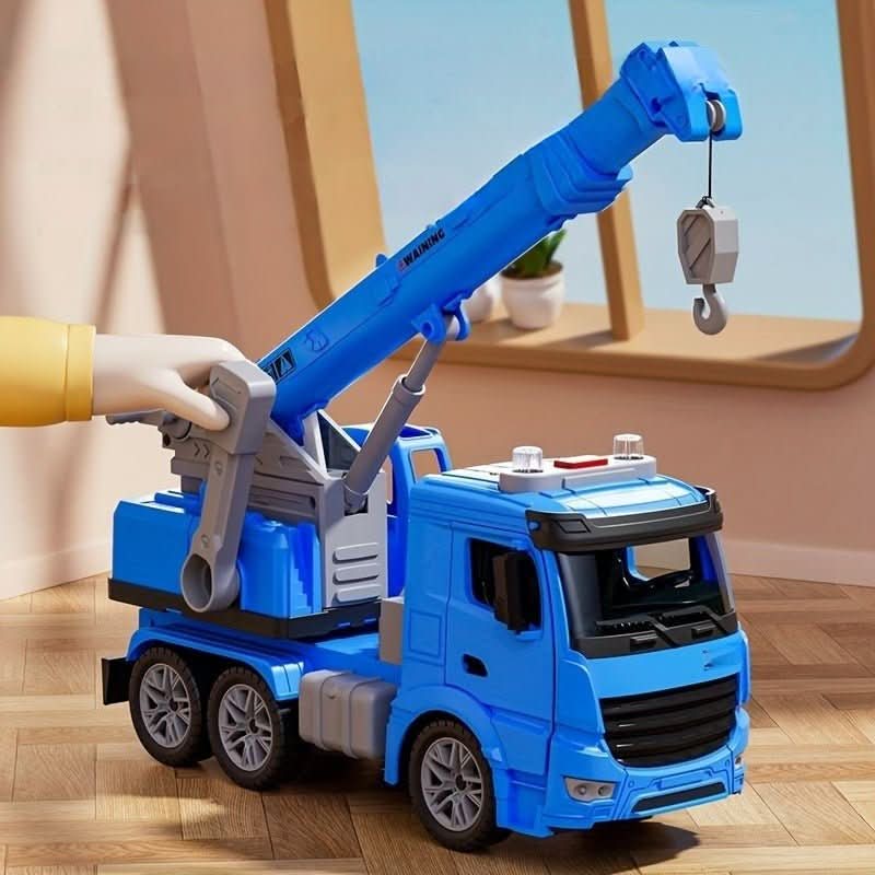 Interaktiver Kinder Kranwagen aus robustem ABS-Kunststoff mit Licht & Sound für spannende Baustellen-Rollenspiele.