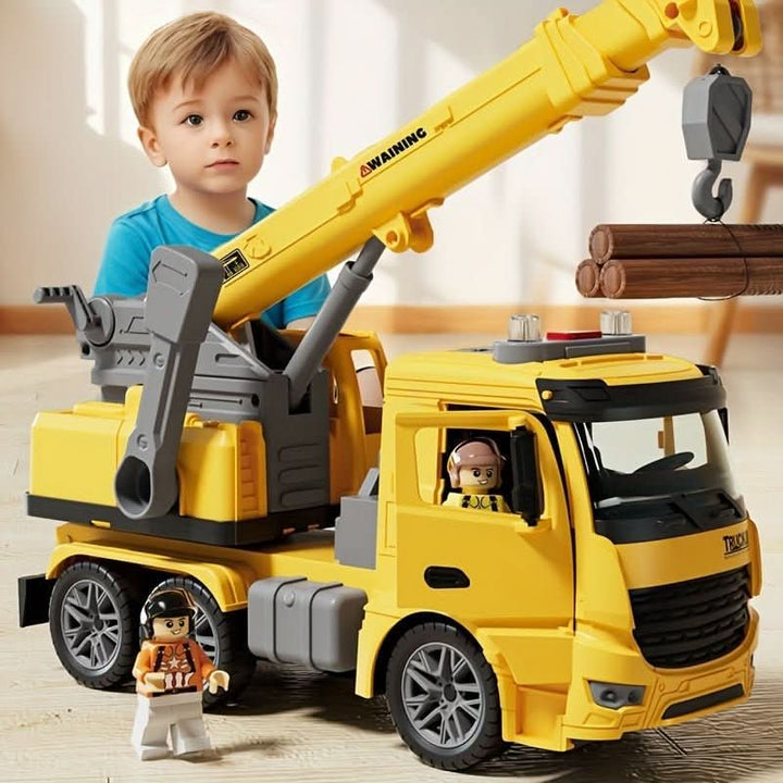 Großer Spielzeugkranwagen mit ausfahrbarem Arm, Lichteffekten und Sounds, ideal für kreatives Kinder-Rollenspiel.