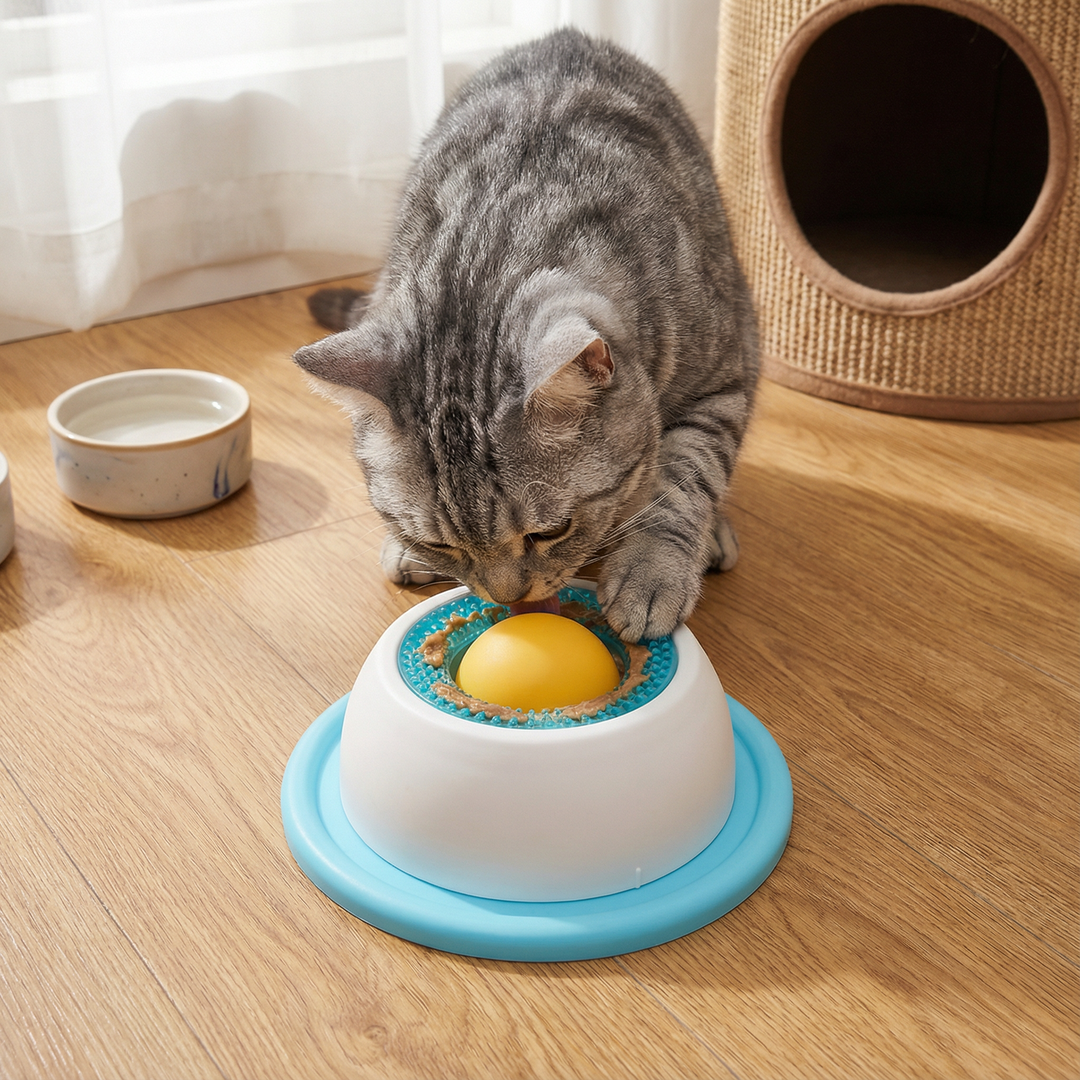 Interaktiver Leck-Snackteller Katze. Fördert langsames Fressen, mentale Auslastung & Stressabbau. Ideales Katzenspielzeug.