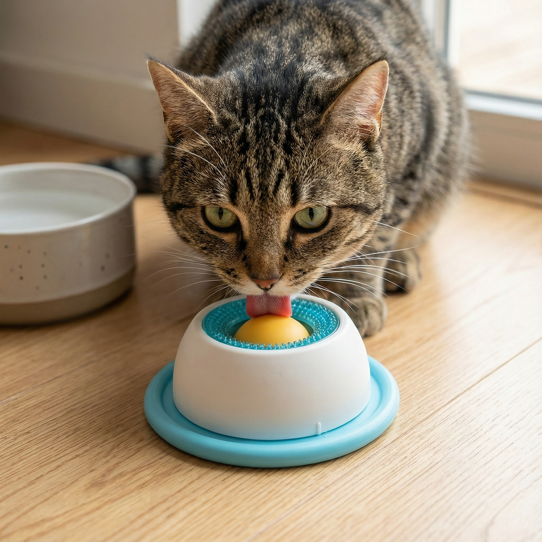 Intelligenzspielzeug Leckschale Katze. Innovativer Futterspender für Stressabbau & mentale Auslastung beim Fressen.