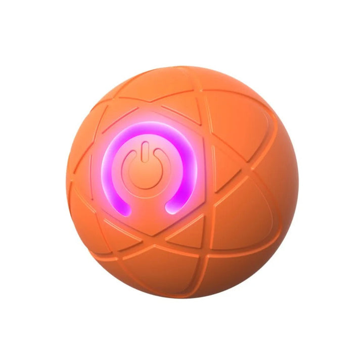 Detailansicht des interaktiven PetPlay Balls. Glatte Oberfläche, LED-Licht und Ladeanschluss sichtbar.