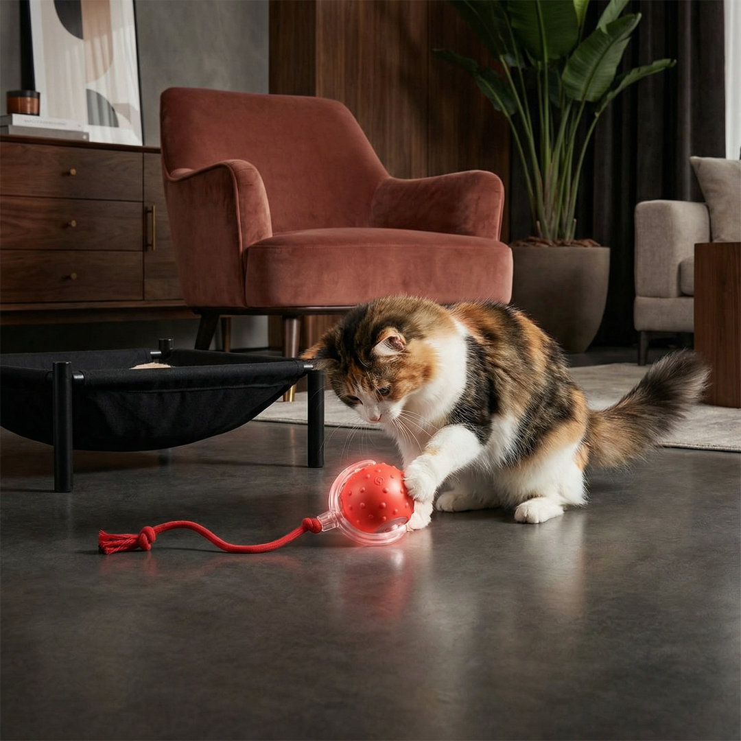 Interaktiver Plüsch-Spielball mit Schwanz, perfekt für Katzen und ihren Spieltrieb.