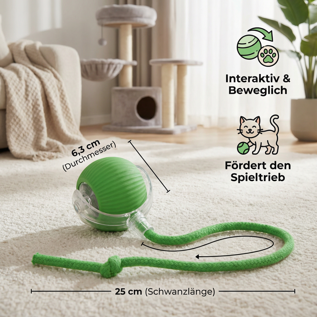 Detailaufnahme des interaktiven Katzenspielballs mit flauschigem Schwanz für Spielspaß.