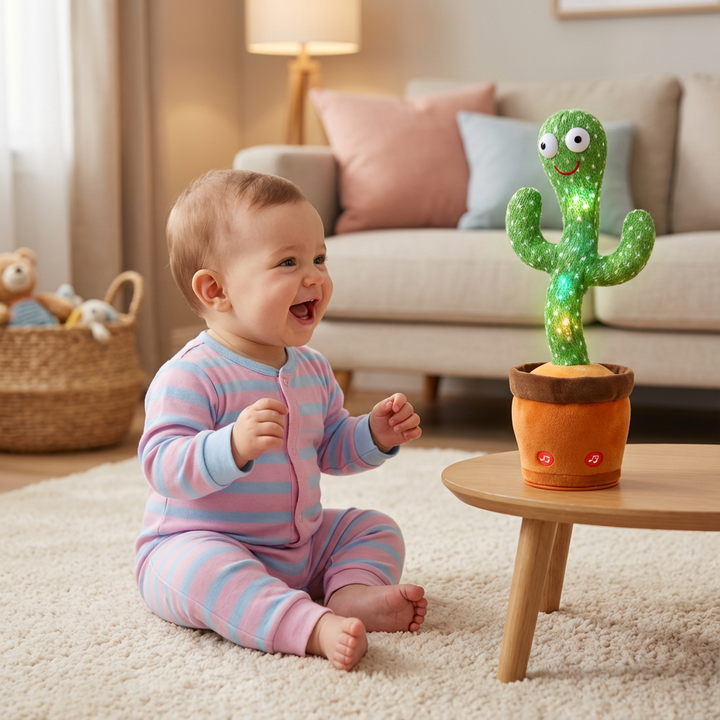 Interaktiver sprechender Kaktus als lernendes Babyspielzeug, das tanzt und Lieder singt. Pädagogisches Plüschtier.