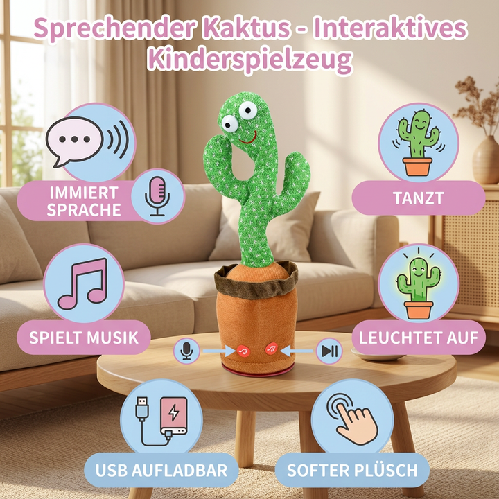 Grüner sprechender Kaktus mit großen Augen, der Geräusche nachahmt und lustig tanzt. Interaktives Babyspielzeug.