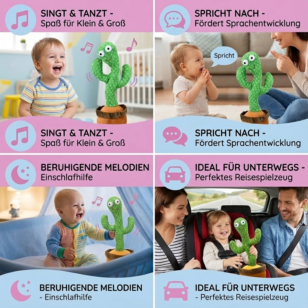 Weicher, interaktiver Plüschkaktus, der spricht und tanzt. Lehrreiches musikalisches Spielzeug für Kinder.