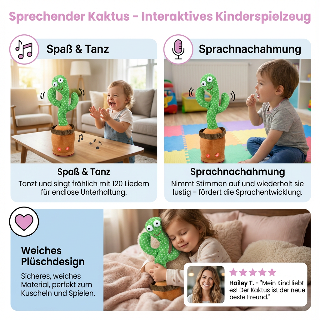 Lustiger sprechender Kaktus, der Geräusche wiederholt, Lieder singt und tanzt. Interaktives Lernspielzeug für Babys.