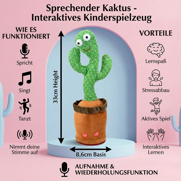 Detailaufnahme des interaktiven sprechenden Kaktus, einem musikalischen Plüschtier und pädagogischem Lernspielzeug.