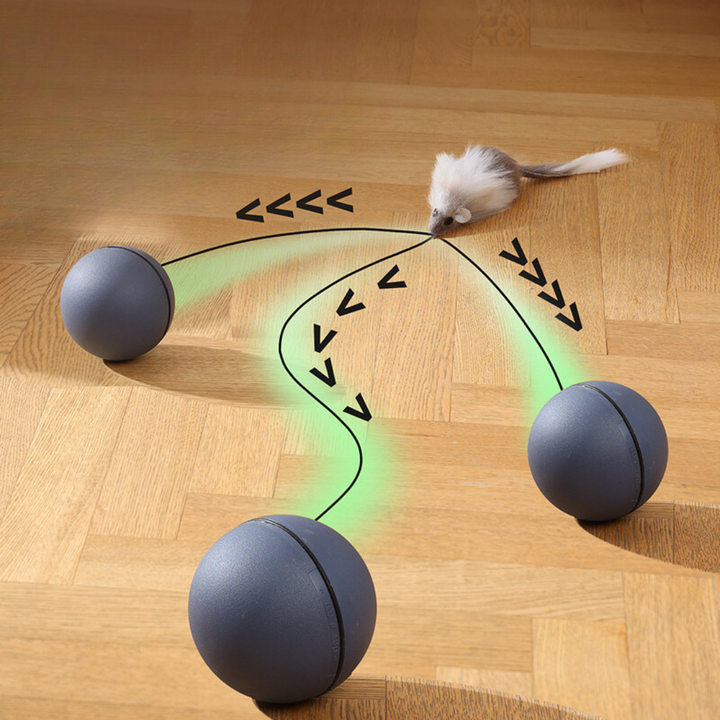 Interaktives Katzenspielzeug: Turboball mit Schwanz. Fördert Aktivität & Jagdinstinkt bei Katzen. Grau, blau-orange.