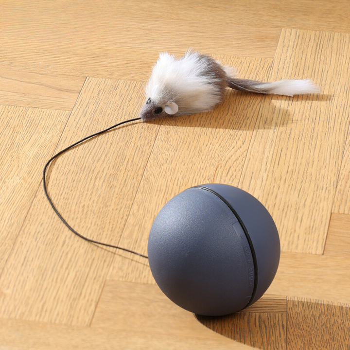 Detailansicht des grauen Interaktiven Katzen Turboballs. Blau-orangefarbener Schwanz animiert zum Spielen.