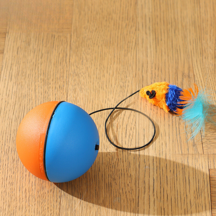 Katzen Turboball, interaktiv, mit blau-orangem Schwanz. Graues Tierspielzeug stimuliert Jagdinstinkt der Katze.
