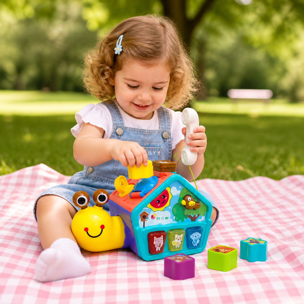 Interaktives Baby Schnecken Lernspielzeug mit Telefon, Formensortierer & Tiergeräuschen zur Motorikförderung.