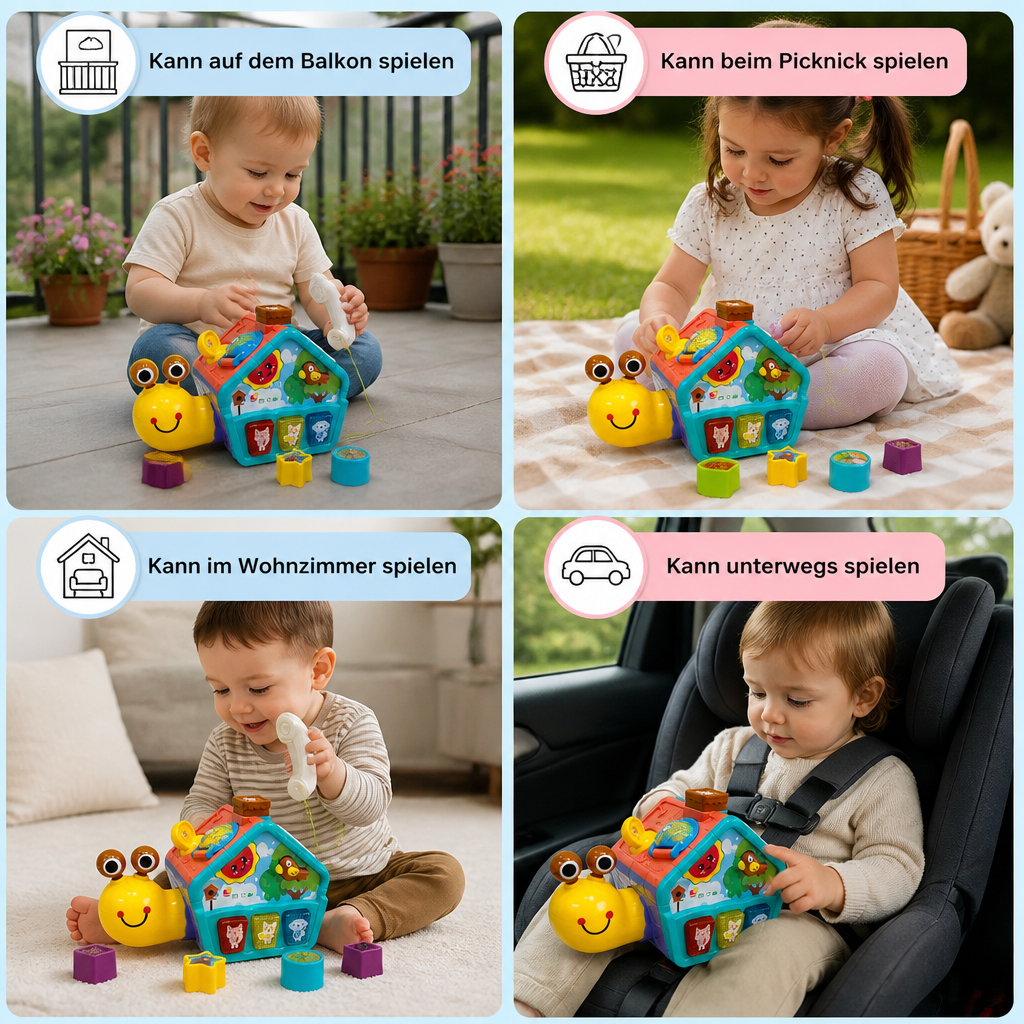 Kind spielt mit interaktivem Baby Schnecken Lernspielzeug, Formensortierer & Telefon, fördert Motorik & Kreativität.