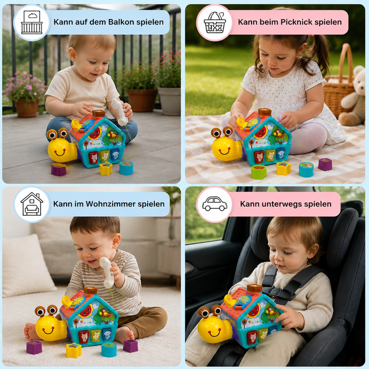Kind spielt mit interaktivem Baby Schnecken Lernspielzeug, Formensortierer & Telefon, fördert Motorik & Kreativität.