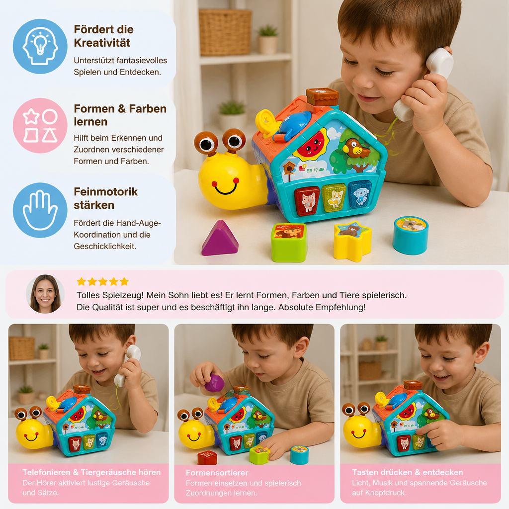 Vielseitiges Baby Schnecken Lernspielzeug mit farbigen Formen, Tiergeräuschen & Telefon für spielerisches Lernen.