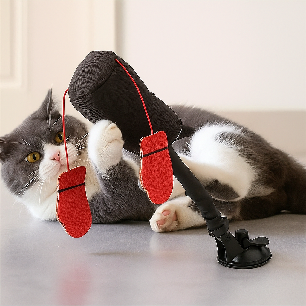 Katze spielt ausgelassen mit interaktivem Boxsack Katzenspielzeug; fördert Aktivität und natürlichen Spieltrieb.