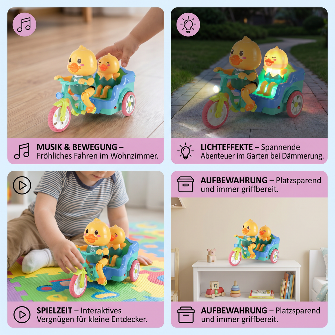 Detailansicht: Interaktives Kinder-Dreirad mit Musiktasten, Lichtern & Tierdesign für Lernspiel.