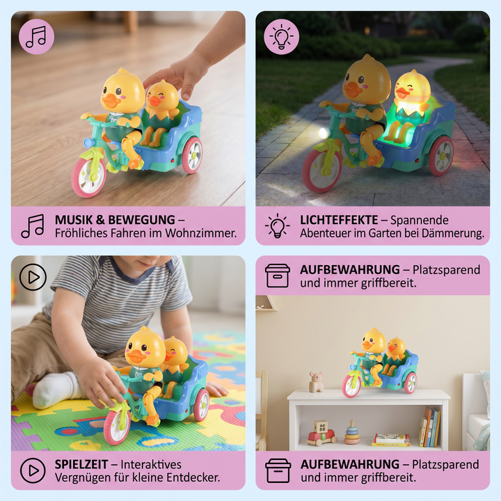 Detailansicht: Interaktives Kinder-Dreirad mit Musiktasten, Lichtern & Tierdesign für Lernspiel.