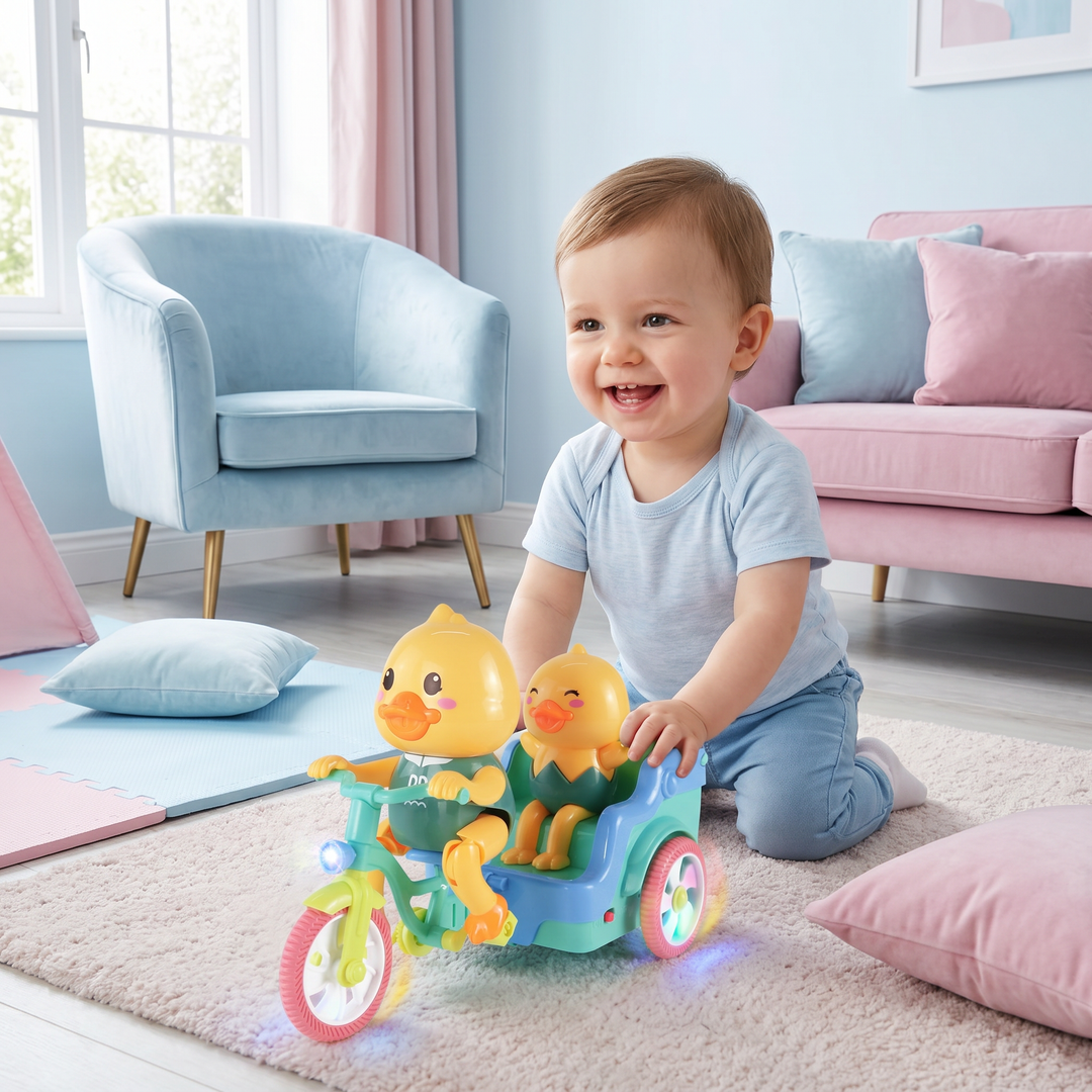 Buntes elektrisches Dreirad für Kleinkinder, interaktiv mit Musik, Lichtern und Tier-Design für Motorik.