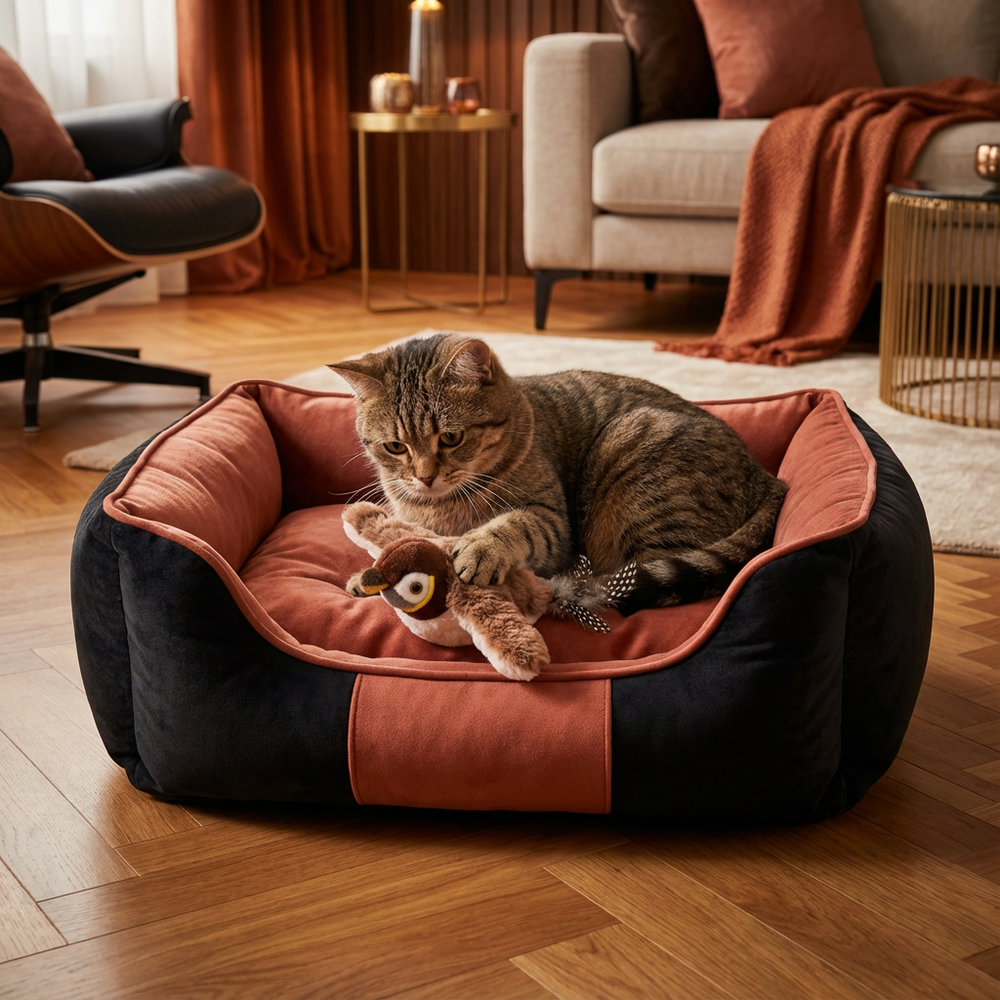 Katze spielt ausgelassen mit dem interaktiven Vogelspielzeug; fördert Bewegung und Spieltrieb.