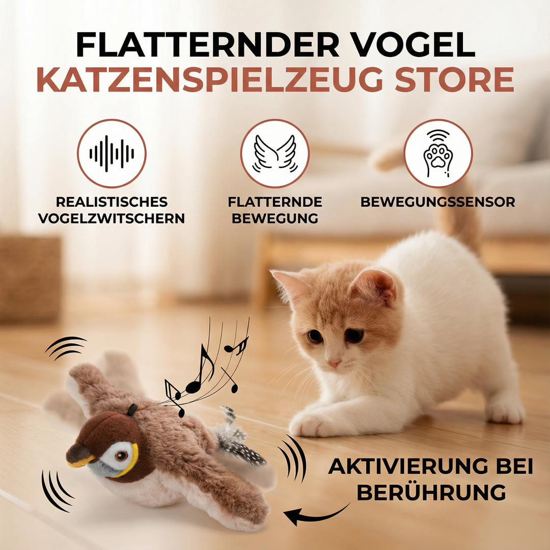 Nahaufnahme des lebensechten Flattervogel Katzenspielzeugs, ideal zur Stimulierung des Jagdinstinkts.