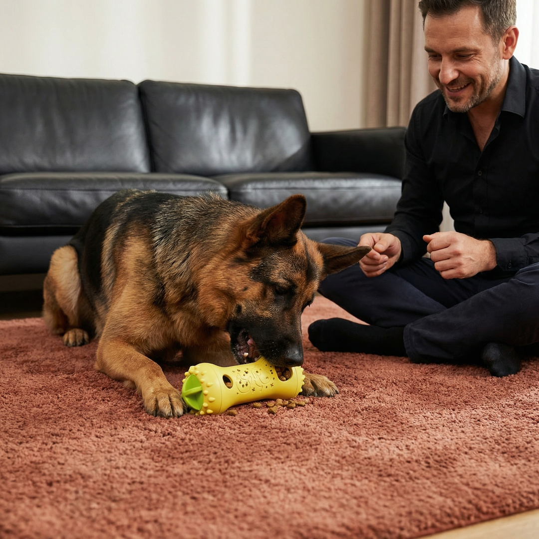 Interaktives Hundespielzeug 3-in-1: Slow Feeder, Snackspender & Zahnpflege für gesunde Hunde.