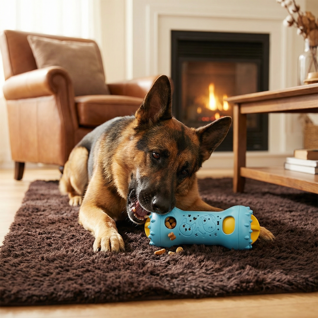 Dieses Haustierbedarf Spielzeug kombiniert Zahnbürste, Slow Feeder & Snackspender für Hunde.