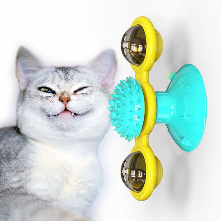 Windmühlen Spielzeug Katze TwirlPaws, Kratzstation mit Saugnapf, ideal für interaktiven Spaß.