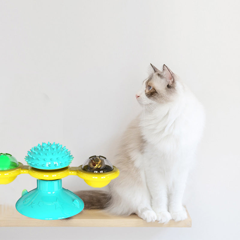 Interaktive Kratzstation TwirlPaws Windmühle für Katzen, fördert Aktivität & Zahnhygiene.