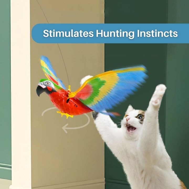 Eine Katze spielt begeistert mit dem interaktiven FeatherFlight™ Feder-Katzenspielzeug.