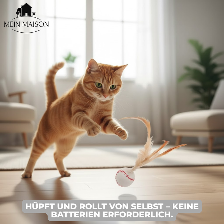Katze spielt begeistert mit dem interaktiven Federball-Katzenspielzeug aus Silikon.