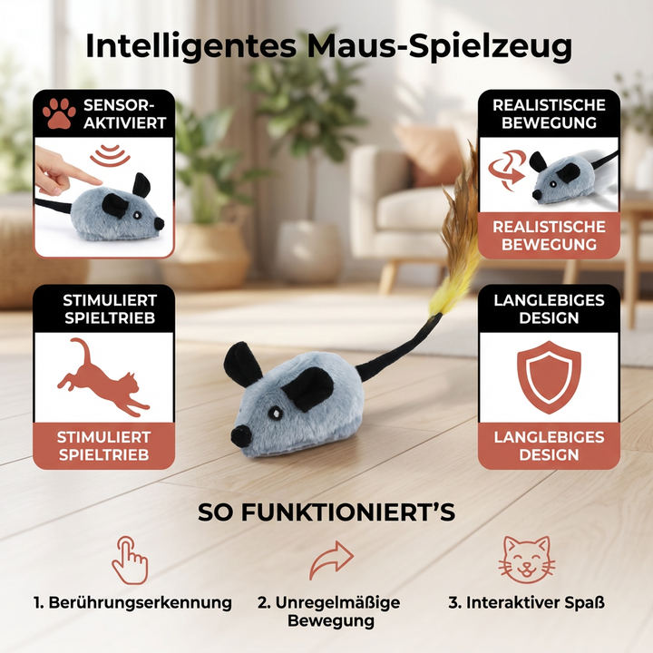 Plüschige Spielmaus in Braun für Katzen, fördert Bewegung & vertreibt Langeweile. Ideales Aktivitätsspielzeug.