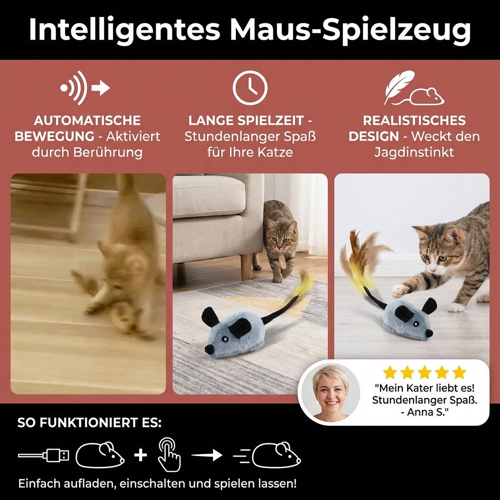 Bewegungsspielzeug: Interaktive Maus in Grau animiert Katzen zum Jagen & Spielen. Perfekt gegen Langeweile.