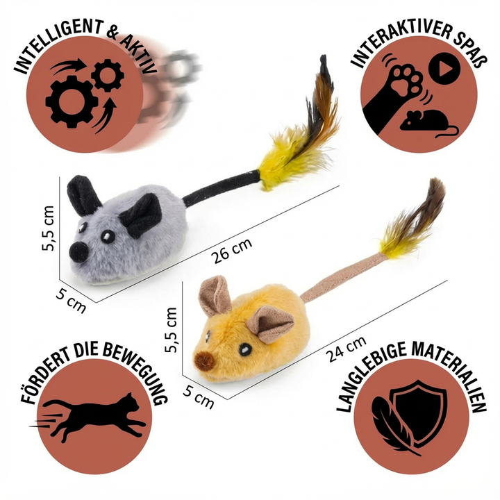 Katze spielt mit interaktiver grauer Spielmaus. Fördert Jagdinstinkt und bietet aktiven, endlosen Spielspaß.