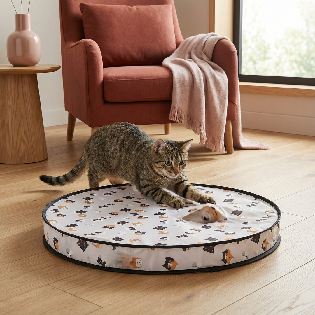 Interaktives Katzenspielzeug mit Bällen im Versteck für spannenden Jagdspaß. Ideal für aktive Stubentiger.