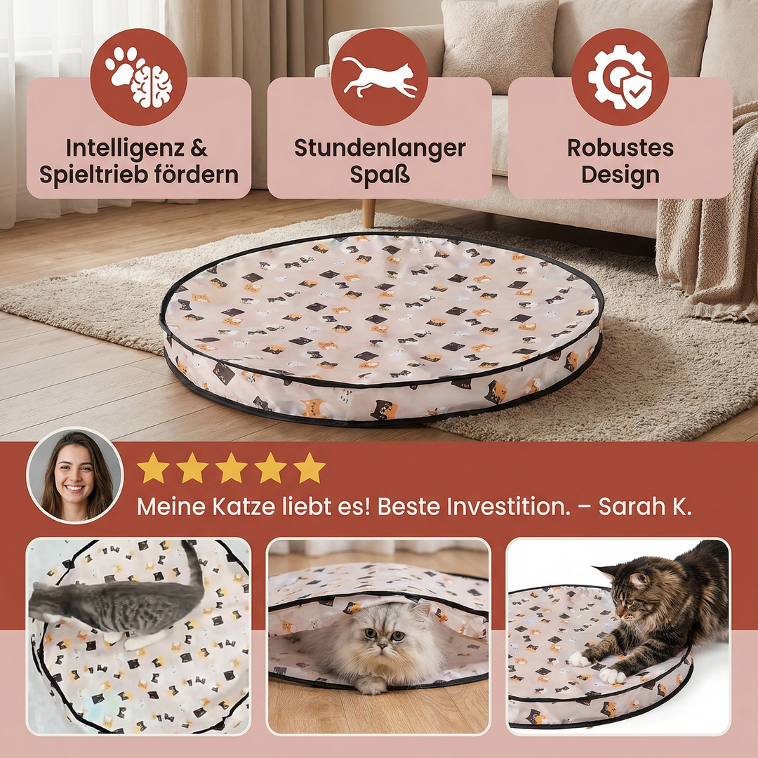 Katze spielt begeistert mit dem interaktiven Ball-Versteck. Spannendes Jagdspielzeug für mehr Aktivität & Spaß.