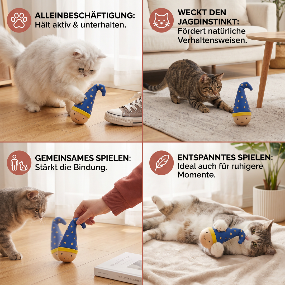 Eine glückliche Katze spielt begeistert mit dem interaktiven Feder-Katzenspielzeug für mehr Wohlbefinden.