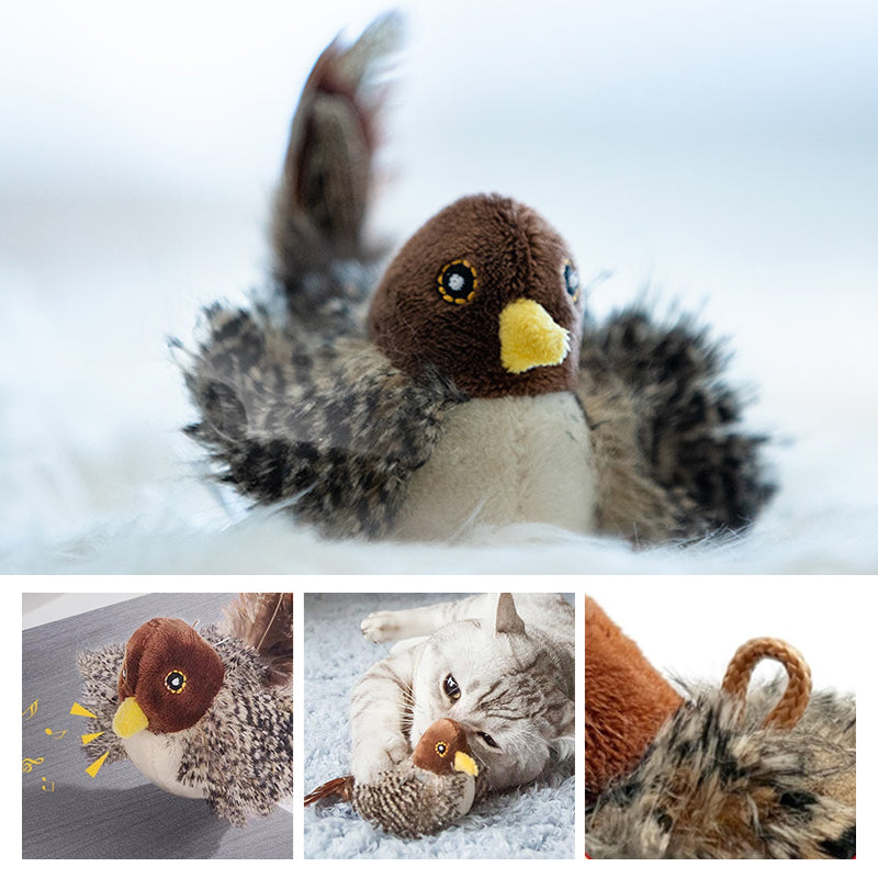 Interaktives Plüsch-Katzenspielzeug mit Vogelzwitschern, für stundenlangen Spielspaß.