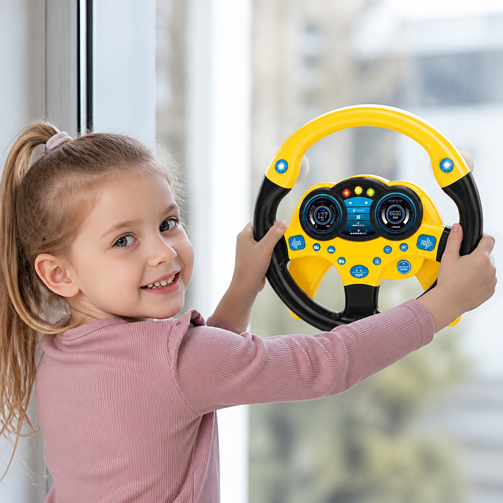 Gelbes interaktives Kleinkind Lenkrad Spielzeug mit Lichtern, Sounds & Saugnapf fürs Auto. Perfekt als Reisespielzeug.