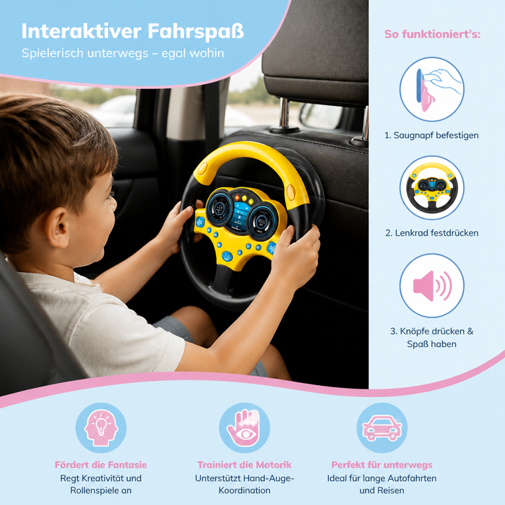 Rosa Kinderlenkrad Spielzeug für Kleinkinder, fördert Motorik mit Lichtern, Sounds & Saugnapf. Pädagogisch wertvoll.