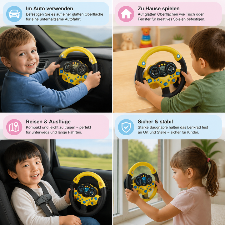 Blaues interaktives Lenkrad Reisespielzeug für Kinder mit Lichtern, Sounds & Saugnapf. Ideal für lange Autofahrten.