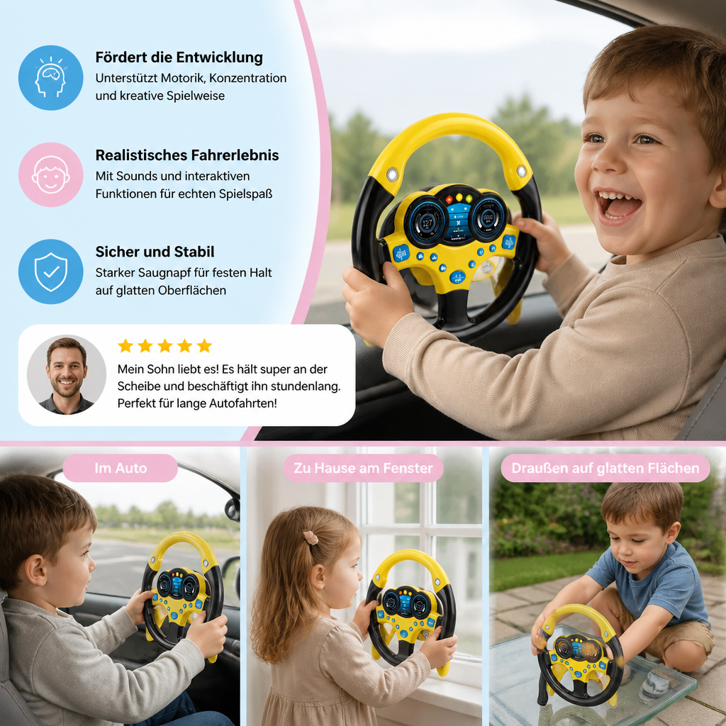 Beifahrer Lenkrad Spielzeug interaktiv, mit Lichtern, Sounds & Saugnapf. Fördert spielerisch die Sinne bei Kleinkindern.