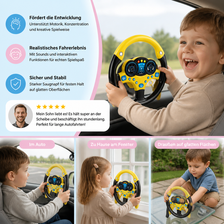 Beifahrer Lenkrad Spielzeug interaktiv, mit Lichtern, Sounds & Saugnapf. Fördert spielerisch die Sinne bei Kleinkindern.