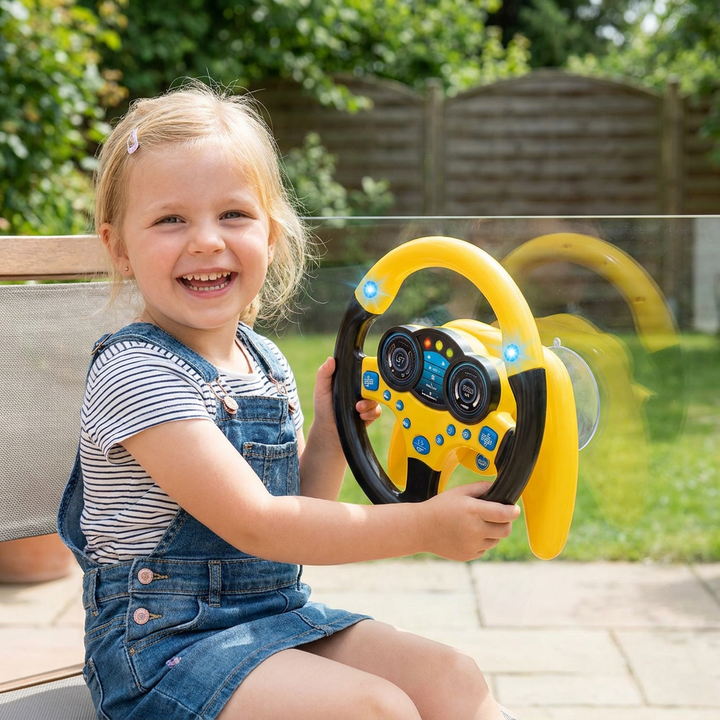 Kinder Lenkrad Spielzeug mit blinkenden Lichtern & lustigen Sounds, sichere Saugnapf-Befestigung. Für Spiel & Motorik.