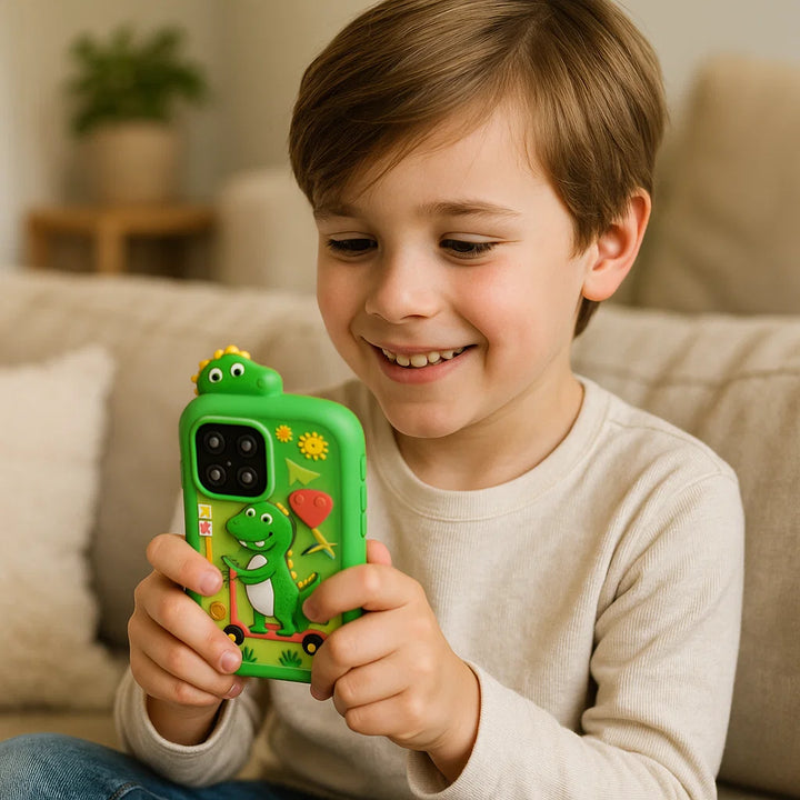 Kind spielt lachend mit interaktivem Smartphone Lernspielzeug, das die Entwicklung unterstützt.