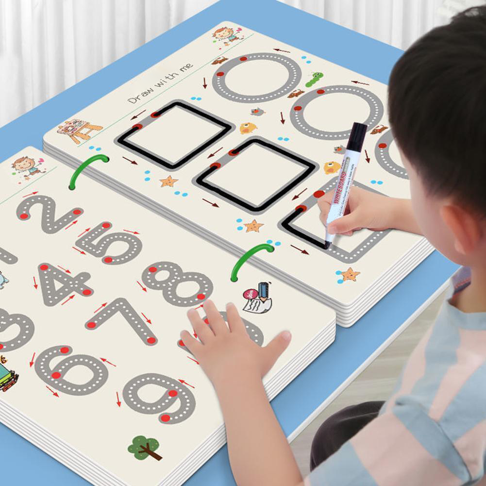 Wiederverwendbares Schreiblernheft für Kinder. Fördert Motorik & frühes Schreiben von Buchstaben und Zahlen.