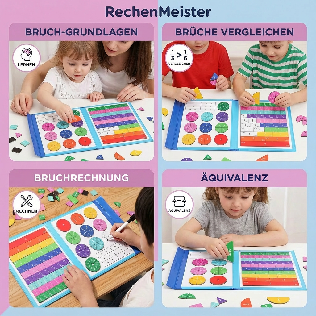 Nahaufnahme des magnetischen Mathe-Lernspiels: Bunte Teile zur Darstellung von Brüchen & Dezimalzahlen für Kinder.