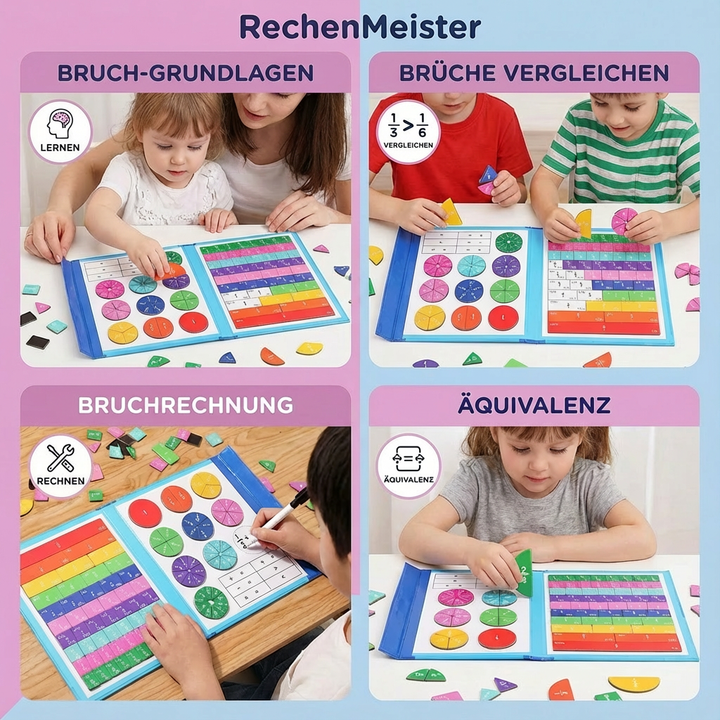 Nahaufnahme des magnetischen Mathe-Lernspiels: Bunte Teile zur Darstellung von Brüchen & Dezimalzahlen für Kinder.