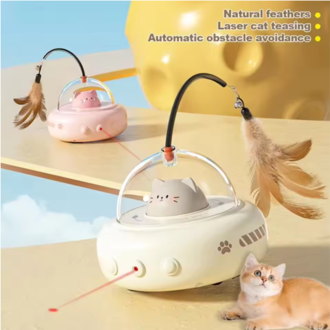 Interaktives UFO Laser Katzenspielzeug für Stubentiger. Fördert Bewegung, Spielspaß und Jagdinstinkt.